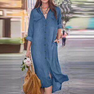 2/$40 Blue Denim Shirtdress Long Sleeve Midi Dress Button-Down & Pockets Casual